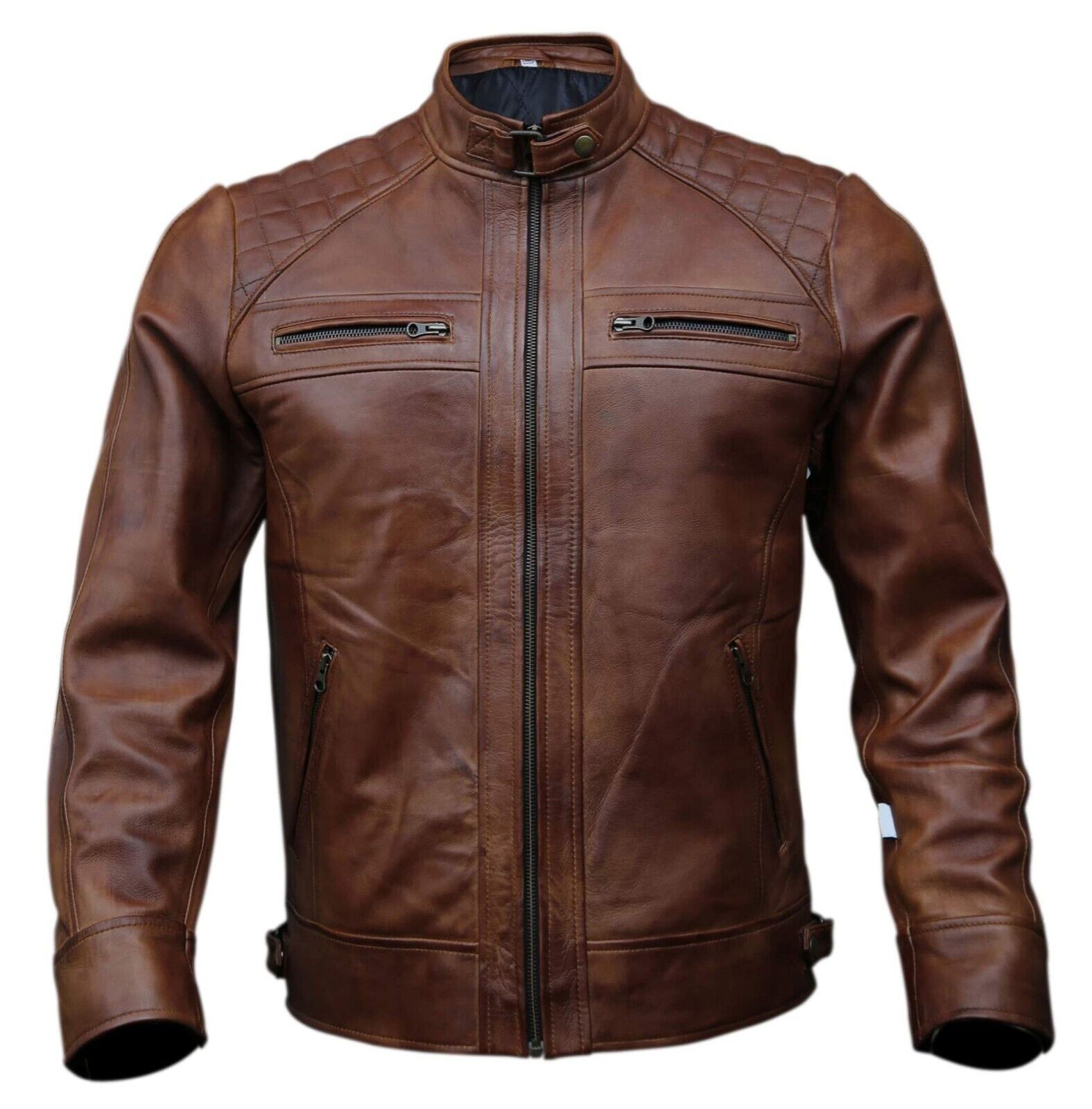 Men's Café Racer Biker Leather Jacket Black Brown Motorcycle Genuine Leather