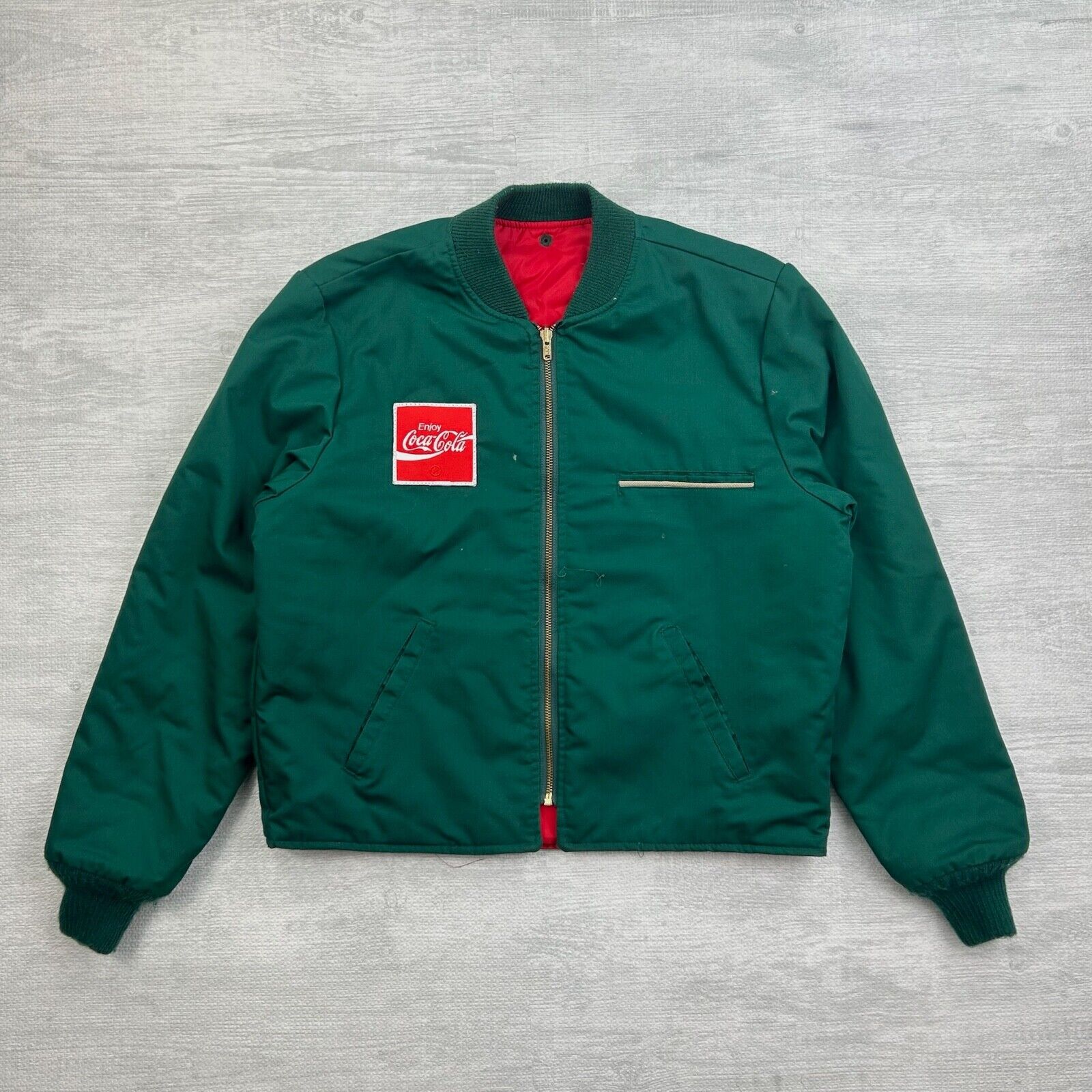 Vintage 80\'s Coca Cola Jacket Adult M Green Mechanic Delivery Workwear Patchwork