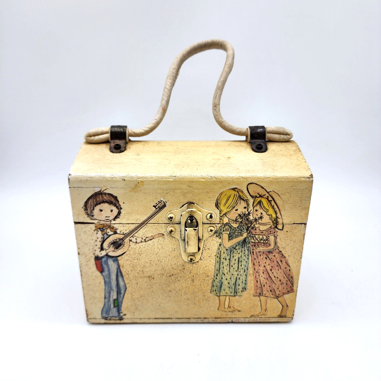 Vintage Girls Wooden Box Purse Severin Decoupage Banjo Music Keepsake Trinkets