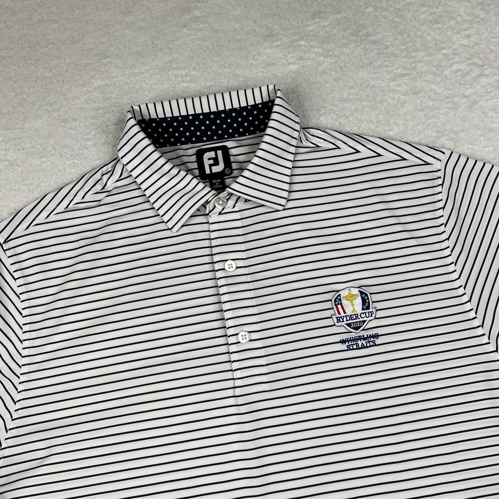 Footjoy FJ Shirt Mens Large White Striped Polo Ryder Cup 2020 Golf Short Sleeve