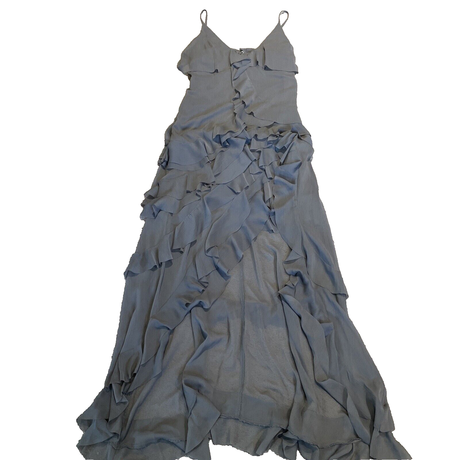 Vintage Newport News High Low Ruffle Maxi Dress Size 8 V-Neck Gray Romantic
