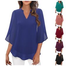 Womens Tops Dressy Casual Ruffle 3/4 Sleeve V Neck Double Chiffon Blouses picture