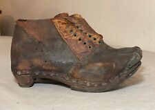 rare antique pair 1870's handmade wooden sole leather brass studded child shoes picture