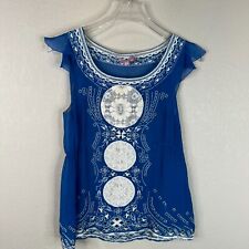 Calypso Women's Embroidered Eyelet Silk Blouse Cap Sleeve Blue/White Size S picture