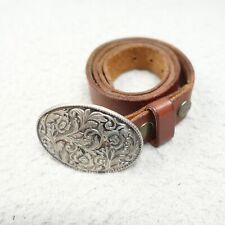 Women's Brown Leather Belt 1.25'' Wide Floral Silver Oval Buckle 34 36 L XL picture