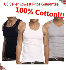 3-12 Packs Mens 100% Cotton Tank Top A-Shirt Undershirt Ribbed Black White Gray picture