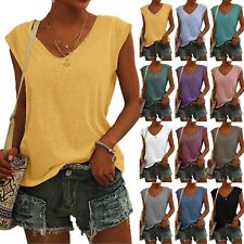 Women's V-Neck T-Shirt Casual Cap Sleeve Vest Solid Loose Blouse Fit Tank Tops1 picture