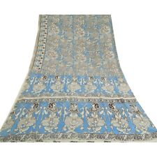 Sanskriti Vintage Blue Sarees Pure Georgette Silk Hand Beaded Rare Sari Fabric picture