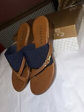 Italian Shoemakers Ginata Thong Wedge Sandal Navy Gold Tone Buckle Sz 8EUC picture