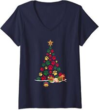 Super Cute Dog Paws Print Christmas Tree Xmas Gift Ladies' V-Neck Tshirt picture