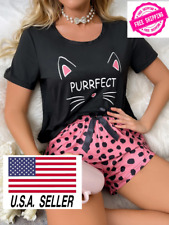 Cute cat letter graphic women 2 Piece Shorts Set Pajamas PJ picture