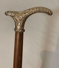 antique ornate 19th century wood yellow gold filled chased walking stick cane picture