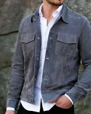 Classic Stylish Handcrafted Outerwear Premium Gray Suede Leather Biker Jacket picture