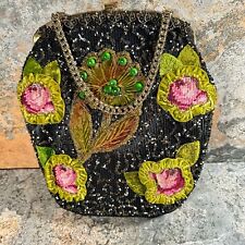 Antique SOURE Purse Victorian Floral Micro Beaded Needlepoint Rosette Framed Bag picture