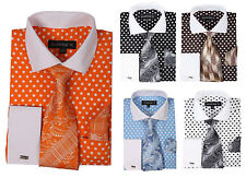 Men's Cotton Polka Dot Dress Shirt Set #613 Contrast Spread Collar French Cuff  picture