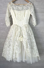Vtg 50s Wedding Party Dress Lace Tulle Fit & Flare Women's Scallop Hem picture