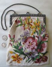 Antique Silver Frame Yellow Orange Pink Lavender Floral Micro Bead Lined Purse picture