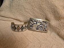 2 Pcs Bracelet & Belt Buckle Inlaid Mother of Pearl Mexican Silver Man & Burro  picture