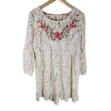 UMGEE Ivory Lace Rose Embroidered Floral Boho Hippie Tunic Top SZ L picture