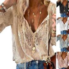 Summer Womens Lace V-Neck Long Sleeve Tops Blouse Ladies Casual Loose T-Shirt picture
