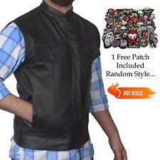 Men's SOA Black Genuine Premium Leather Anarchy Vest Motorcycle Biker FREE PATCH picture
