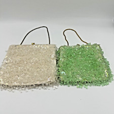 Pair Of Vintage Beaded Purses Handbags Magid La Regale Silver And Green  Sequins picture