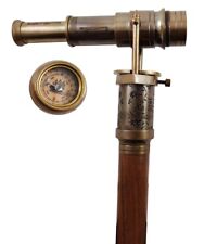 Vintage Brass Telescope Top Wood Walking Stick Cane Compass Antique Gift Parents picture