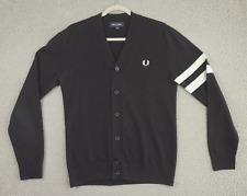Fred Perry V-Neck Preppy Cardigan Sweater Black w/White Stripes Men's Size Small picture