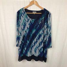 JM Collection Women's Printed Long Sleeve Scoop Neck Blouse Blue White Size XL picture
