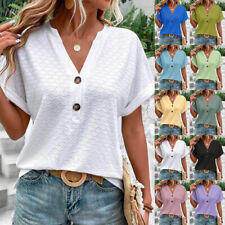 Women's Solid V Neck T-Shirt Summer Short Sleeve Casual Loose Tunic Tops Blouse picture