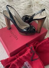 VALENTINO Black Patent Leather Sling Back Peep-Toe Wood Heels W/Bow 38 EU 7.5 US picture