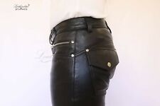 Skintight Black leather jeans pant, snap buttons, rivets, zippers flap pocket  picture