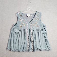 Knox Rose Women Top XL Blue Tank Embroidered Boho Sleeveless Floral V Neck picture