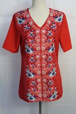 Vintage 1960s V Neck Tunic Short Sleeve Red Floral Retro Mod GoGo Rayon Small picture