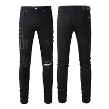 Men's Skinny fit stretch ripped Denim jeans, embroidered Faux leather patched picture