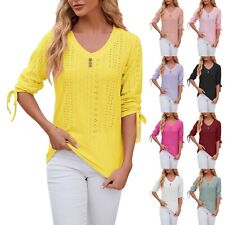 Women's Spring Summer Casual Top V-neck Cut Out Solid Mid-sleeve Loose T-shirt picture