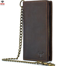 BAIGIO Men Long Wallet with Chain Real Genuine Leather RFID Biker Trucker Bifold picture
