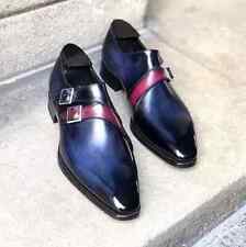 Turkish Handmade Blue Black Shaded Leather Pink Double Monk Strap Wholecut Shoes picture