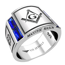 Men's Master Mason 925 Sterling Silver Synthetic Sapphire Freemason Masonic Ring picture