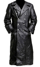 Mens German Classic WW2 Military Officer Cosplay Black Real Leather Trench Coat picture