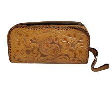 Vintage 1960s Hand Tooled Leather Western Wristlet Clutch Handbag Zip Closure picture