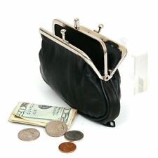Black Genuine Leather Woman Coin Purse Double Frame Change Wallet  picture