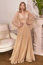 MOTHER OF BRIDE SOLID PLEATED CHIFFON DRESS W/ V-NECK ZIPPER BACK & LONG SLEEVES picture
