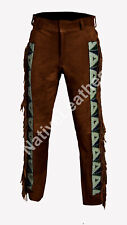 Men Native American Western Cowboy Buffalo Suede Leather Pants Fringes Beaded P9 picture