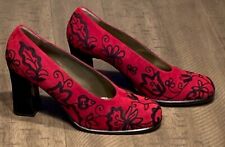 RARE Yves Saint Laurent Red and Black Silk Crepe Embroidery Floral Heels picture