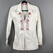 She's Cool Shirt Womens  Medium White Embroidered Flowers Butterflies Western picture