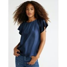Free Assembly Women Satin Flutter Sleeve Top Size Small Navy picture