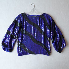 Womens Silk Sequin Beaded Top Large Blue Formal Vtg picture