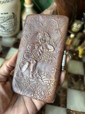 Antique Victorian Calling Card Case Angel Embroidered Leather Wallet 1900’s picture