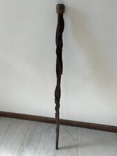 Antique Walking Stick, Cane Vintage Wood Hand Carved Folk Art, Brass Tip picture